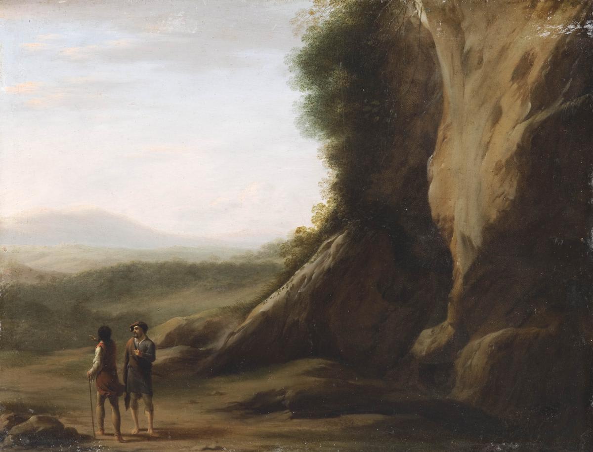 Un paisaje contemplativo con figuras, evocando temas filosóficos.